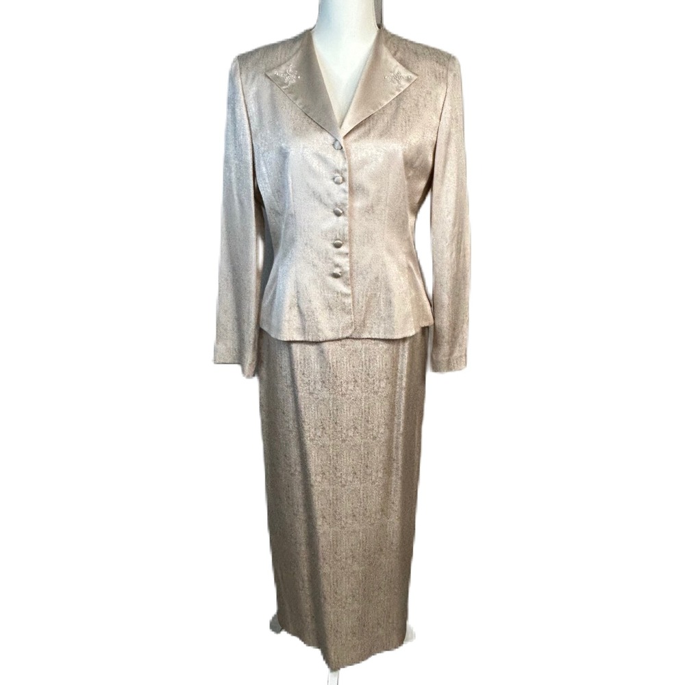 Adrianna Papell Formal Skirt Suit 2 Pc Size 10 Champagne‎ Silk Beaded Evening